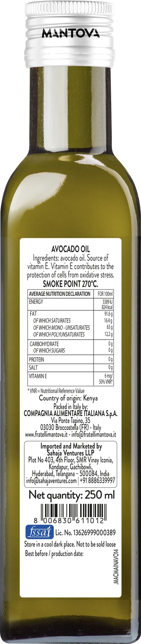 Back label of the 250 ml bottle