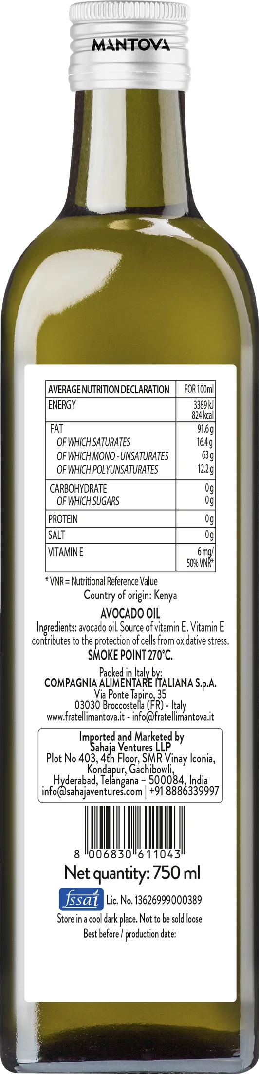 Back label of the 750 ml bottle